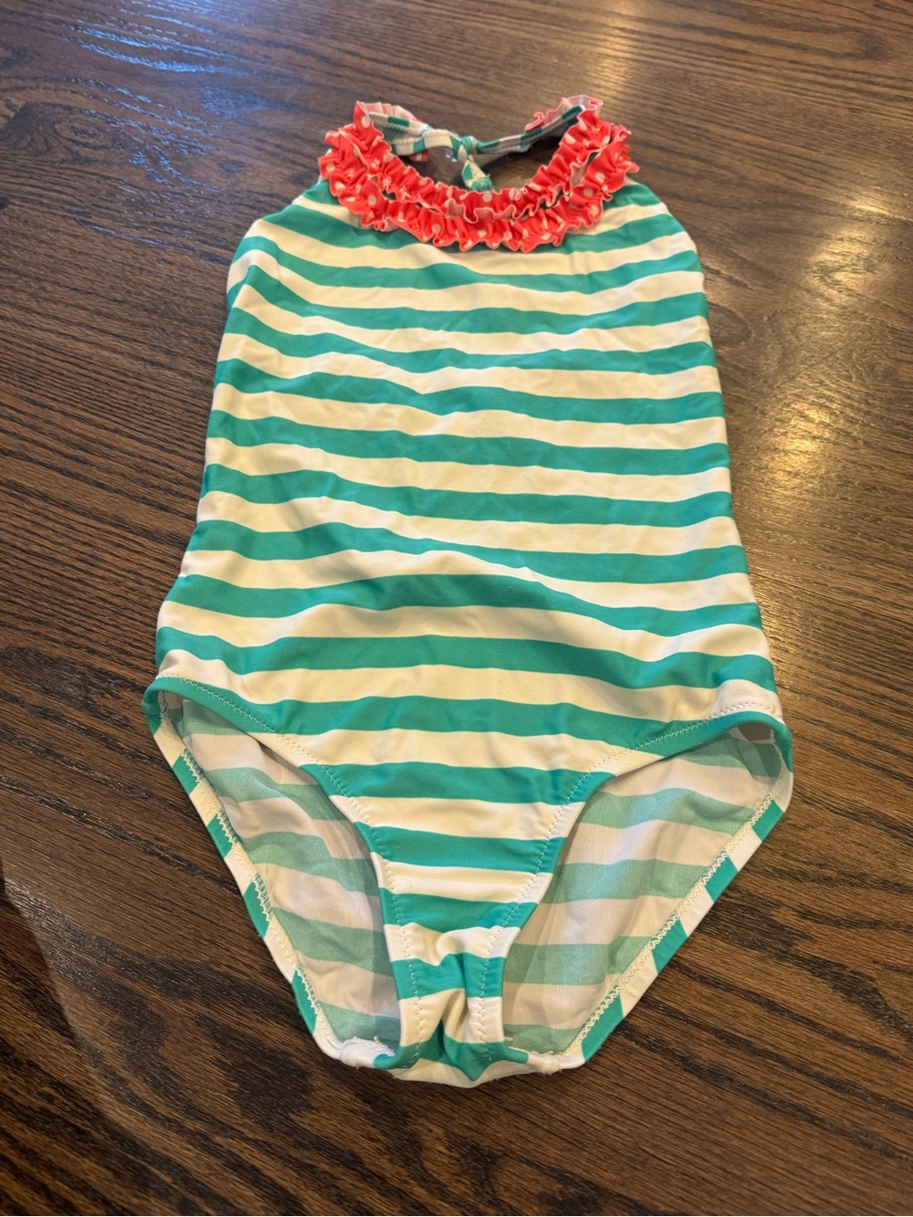 Boden Kids Aqua & White Striped Ruffle Neck Swimsuit